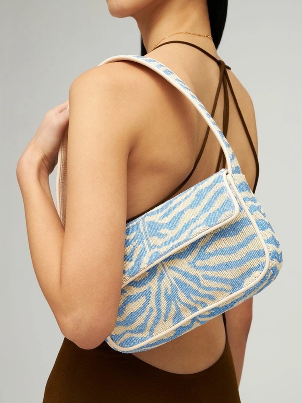 STAUD Tommy Beaded Blue and White Zebra Shoulder Bag